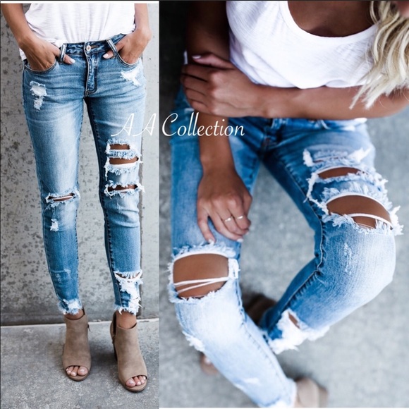 Distressed Jeans Denim Ripped Frayed Pants - Picture 2 of 7